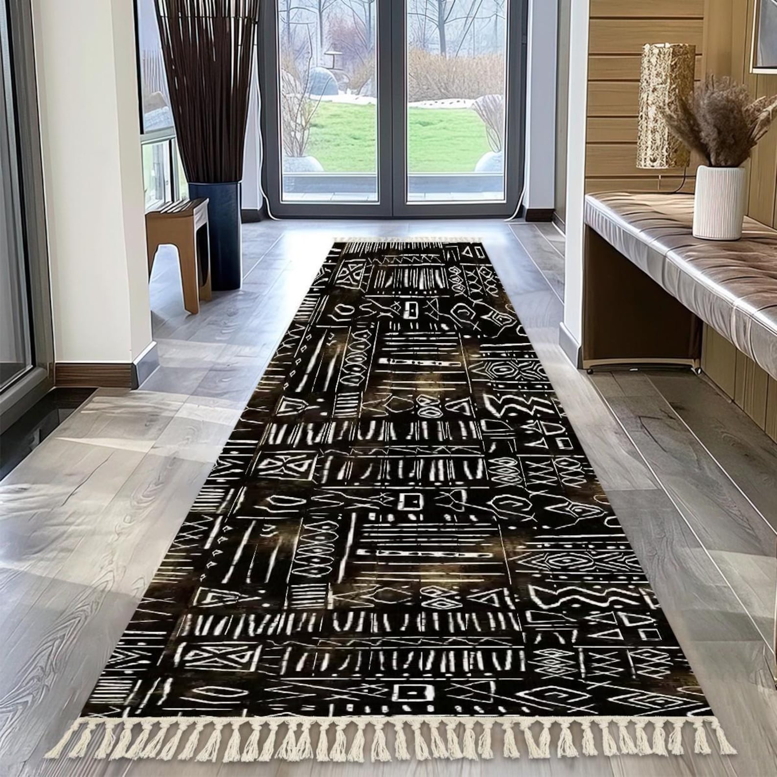 Black Boho Tribal Rug with Tassels | African living room decor