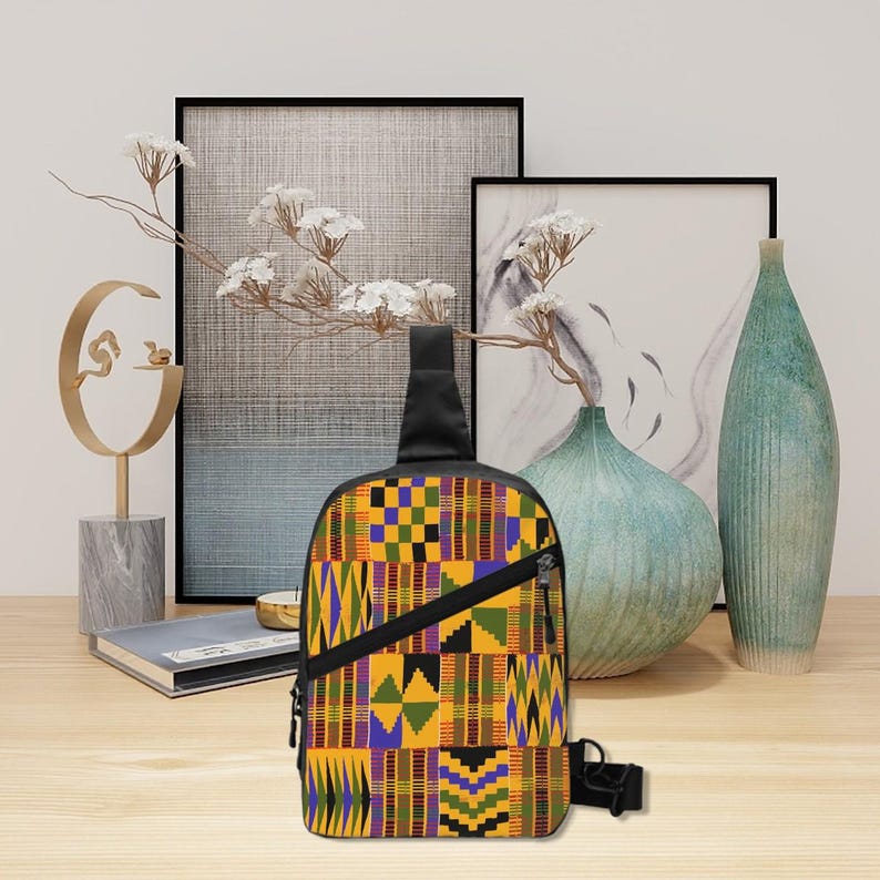 Kente Print Sling Bag, African Bag, Handmade Crossbody, Zipper Closure, Ankara Inspired, African Shoulder Bag image 4