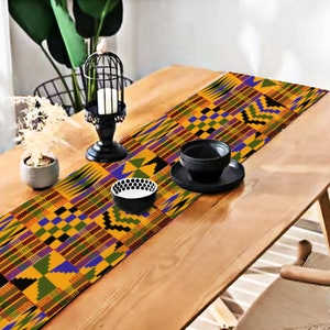 Orange Kente African Print Home Decor Table Runner with Tassel Table Mat