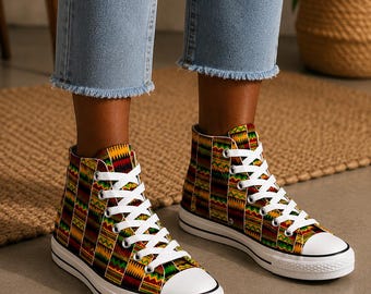 Kente African Print High Top Sneakers Shoes | Unisex Canvas Shoes | Afrocentric Streetwear | African Fashion Trainers