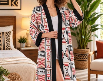 Kimono en tissu bogolan rouge et noir | Peignoir en satin imprimé africain | Peignoir afrocentrique pour femme | Robe de chambre bohème | Cadeau pour elle