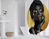 Black & Gold Afrocentric Shower Curtain | African Woman on Gold Circle Art | 72"x72" Waterproof Boho Curtain | Ethnic Bathroom Decor + Hooks
