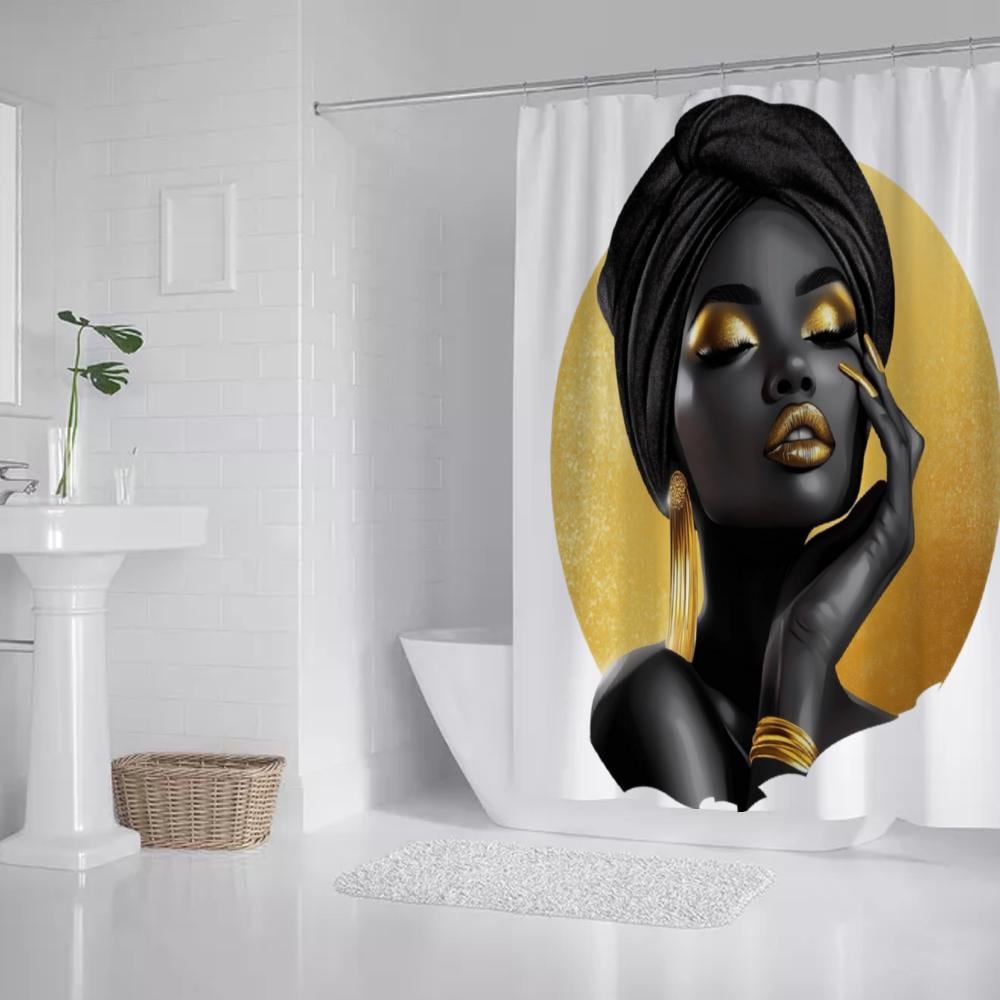 Black & Gold Afrocentric Shower Curtain | African Woman on Gold Circle Art | 72"x72" Waterproof Boho Curtain | Ethnic Bathroom Decor + Hooks