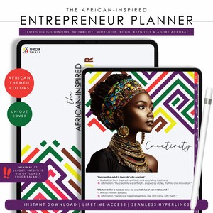 May include: An African-inspired entrepreneur planner with a portrait of a woman wearing a colorful head wrap and jewelry. The planner features the text "Creativity" and is designed for use on tablets. The cover includes the text "African Themed Colors" and "Unique Cover".