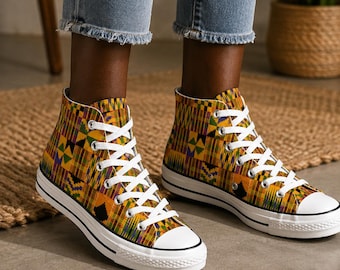 Kente African Print Unisex High Top Slip-on Canvas Sneakers Shoes | Afrocentric Streetwear | African Fashion Footwear