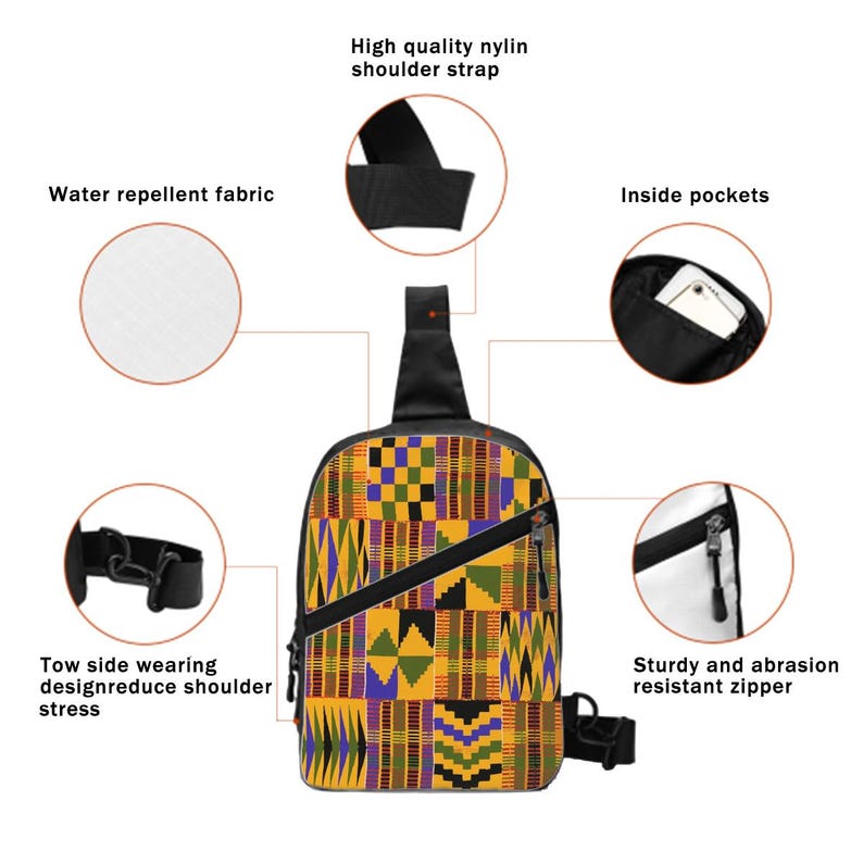 Kente Print Sling Bag, African Bag, Handmade Crossbody, Zipper Closure, Ankara Inspired, African Shoulder Bag image 3