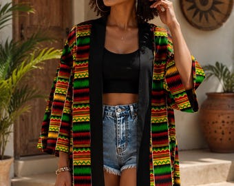 Szlafrok kimonowy z afrykańskim nadrukiem Kente | Uniseksowy narzutka plażowa | Kardigan kimonowy w stylu afrocentrycznym | Letnie kimono w stylu boho | Stroje festiwalowe