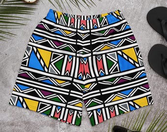 Spodenki kąpielowe Ndebele z afrykańskim nadrukiem | Męskie kąpielówki sportowe | Afrocentryczne spodenki plażowe | Spodenki treningowe unisex