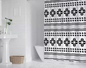 Black & White Mud Cloth Shower Curtain | 67" x 71" Waterproof Boho African Print Curtain | Modern Afro Bathroom Decor + Hooks