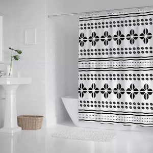 Black & White Mud Cloth Shower Curtain | 67&quot; x 71&quot; Waterproof Boho African Print Curtain | Modern Afro Bathroom Decor + Hooks