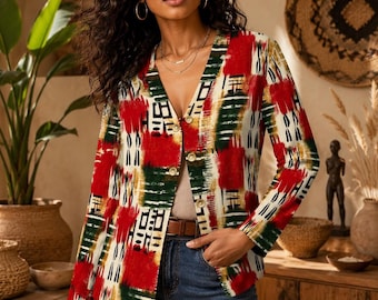 Red African Print Cardigan | Tribal Print Women's Jacket | Afrocentric Clothing | Boho Kimono Style Cover Up