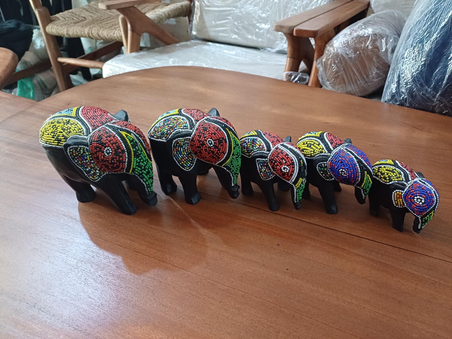 African Bead Elephant Sculpture Set – 5pcs | African living room decor