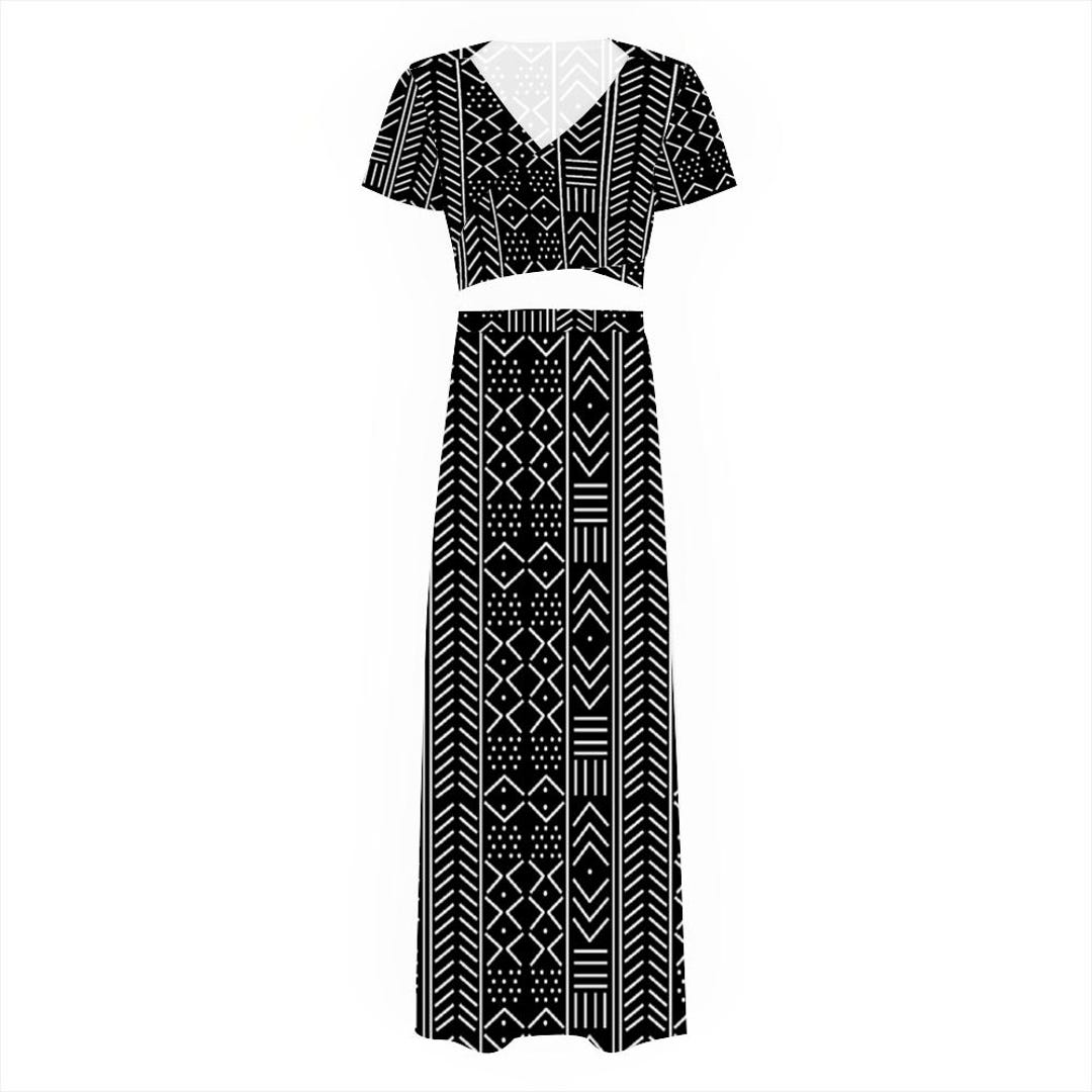Modern Ethiopian Two-Piece Set – Skirt & Tie-Up Top with Black and Hot Pink Embroidery