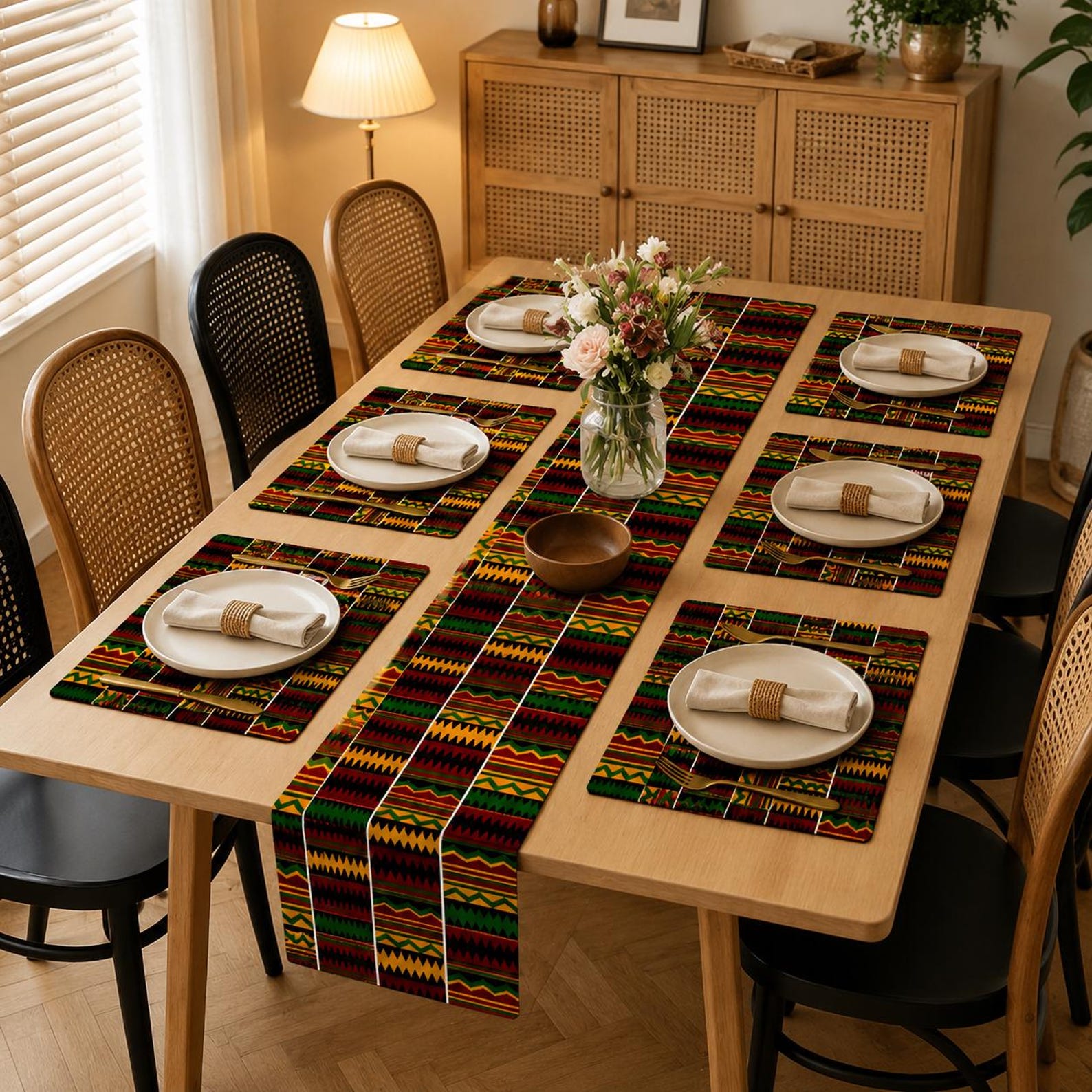 Kente Table Runner & 8 Placemats Set | African Print Table Decor | 9 Piece Afrocentric Dining Set | Kente Table Mats | African Decor