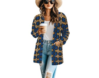 Niebieska kurtka kimono z afrykańskim nadrukiem Ankara dla kobiet | Niebieski kardigan z afrykańskim nadrukiem Ankara | Odzież afrocentryczna | Narzutka w stylu boho w stylu afrykańskim