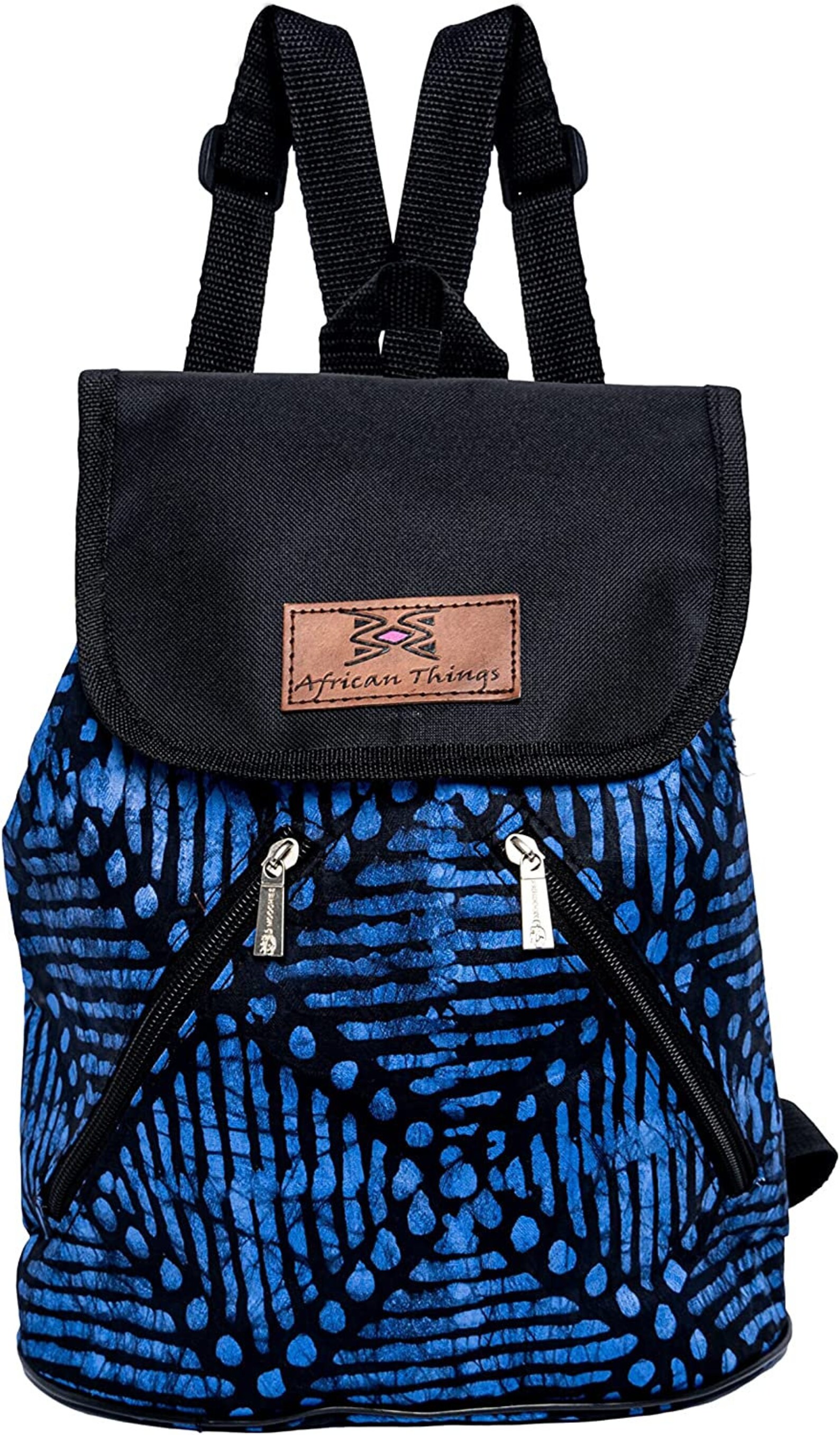 Blue Adire Mini African Print Backpack | Adire Small Waterproof Casual | Black Water Resistant Lining Drawstring Daypack Purse for Girls