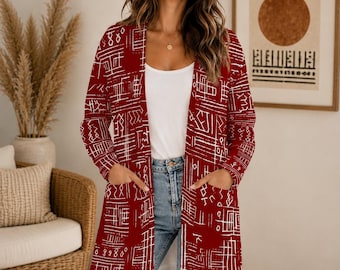 Czerwona kurtka kimono z afrykańskim nadrukiem | Kardigan plemienny dla kobiet | Afrocentryczna okrycie boho | Prezent w stylu kulturowym
