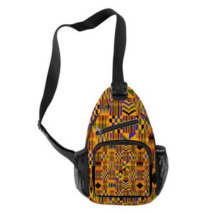 Kente Print Sling Bag, Sac africain, Bandoulière fait main, Fermeture à glissière, Inspiré d’Ankara, Sac à bandoulière africain