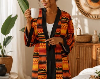 Pomarańczowy satynowy szlafrok kimono Kente | Odzież domowa z afrykańskim nadrukiem | Damska koszula nocna w stylu afrocentrycznym | Luksusowy szlafrok na prezent dla niej