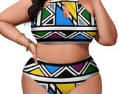 Ndebele Plus Size Bikini Set | African Print Two-Piece Swimsuit | High-Waist Adjustable Swimwear | Tribal Print Beachwear | Boho Vacation