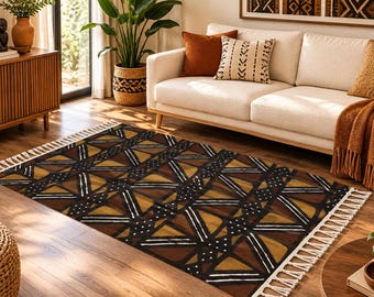 Brown Mud Cloth Area Rug with Tassels | African Print Rug | Afrocentric Boho Rug | Mud Cloth Home Decor | Custom Size Rug