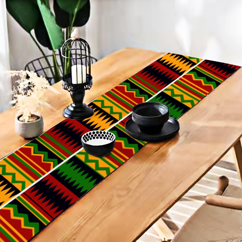 Green and Orange Kente African Print Home Decor Table Runner With