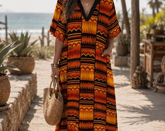 Letnia sukienka z afrykańskim nadrukiem Kente | Długa sukienka damska z dekoltem w serek | Odzież afrocentryczna | Sukienka plażowa boho | Moda afrykańska