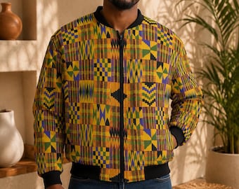 Full Kente Bomber Jacket Men | African Print Varsity Jacket | Afrocentric Streetwear Jacket | Ghana Kente Coat | Gift for Him