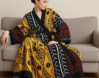 Orange Brown African Print Satin Kimono Robe | Bridesmaid Robe | Women's Afrocentric Nightgown | African Clothing Loungewear | Gift for Her