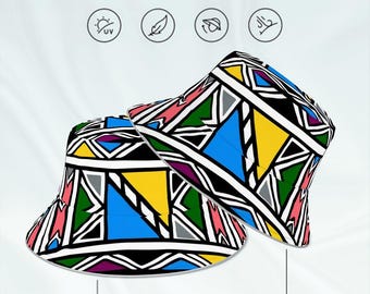 Kapelusz typu bucket hat z afrykańskim nadrukiem Ndebele | Dwustronny kapelusz przeciwsłoneczny w stylu afrocentrycznym | Odblaskowy kapelusz z tkaniny błotnej | Kapelusz na festiwalowe wędrówki na plażę