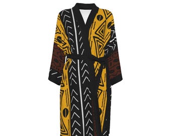 Pomarańczowo-brązowy satynowy szlafrok kimono z afrykańskim nadrukiem | Szlafrok dla druhny | Damska koszula nocna w stylu afrocentrycznym | Odzież afrykańska | Prezent dla niej