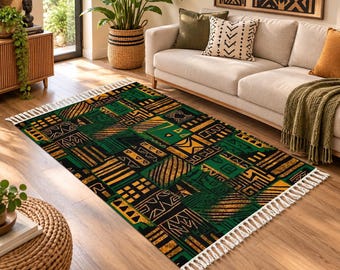 Green Afrocentric Boho Area Rug with Tassels | Mud Cloth African Print Rug | Tribal Boho Rug | African Home Decor | Custom Size Rug