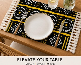 Mud Cloth Coffee Table Mat with Tassels | Boho African Placemat | Heat Resistant Table Mat | Afrocentric Home Decor | Bogolan Decor