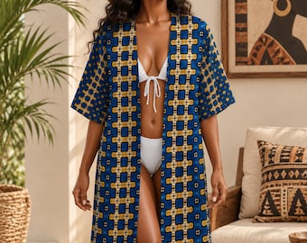 Blue Ankara African Print Kimono Robe | Blue Ankara Women's Cape | Afrocentric Clothing | Boho Cardigan Cover Up
