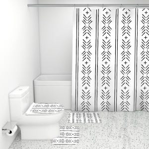 Black and White Mud cloth Boho Shower Curtains and Rugs Bathrooms Sets
