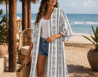 Black White Mud Cloth Kimono Robe | African Print Cape | Boho Kimono Cardigan | Afrocentric Cover Up | Women's Lightweight Robe