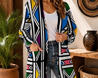 Kurtka kimonowa Ndebele z afrykańskim nadrukiem | Damski kardigan z długim rękawem | Afrocentryczny płaszcz typu duster z kieszeniami | Moda afrykańska