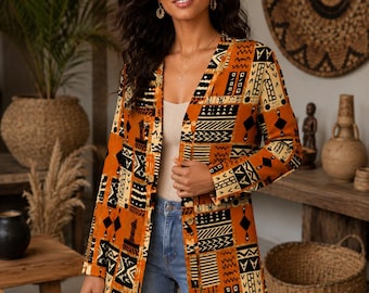 Orange Mud Cloth African Print Jacket | Women's Cardigan | Afrocentric Clothing | Tribal Boho Kimono Style Cover Up