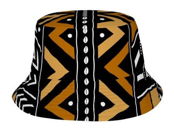 Brązowy kapelusz typu bucket hat | Kapelusz przeciwsłoneczny z afrykańskim nadrukiem | Afrocentryczny kapelusz festiwalowy | Letni kapelusz unisex w stylu boho
