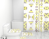 Yellow and Brown Mud cloth Boho Shower Curtains and Rugs Bathrooms Sets