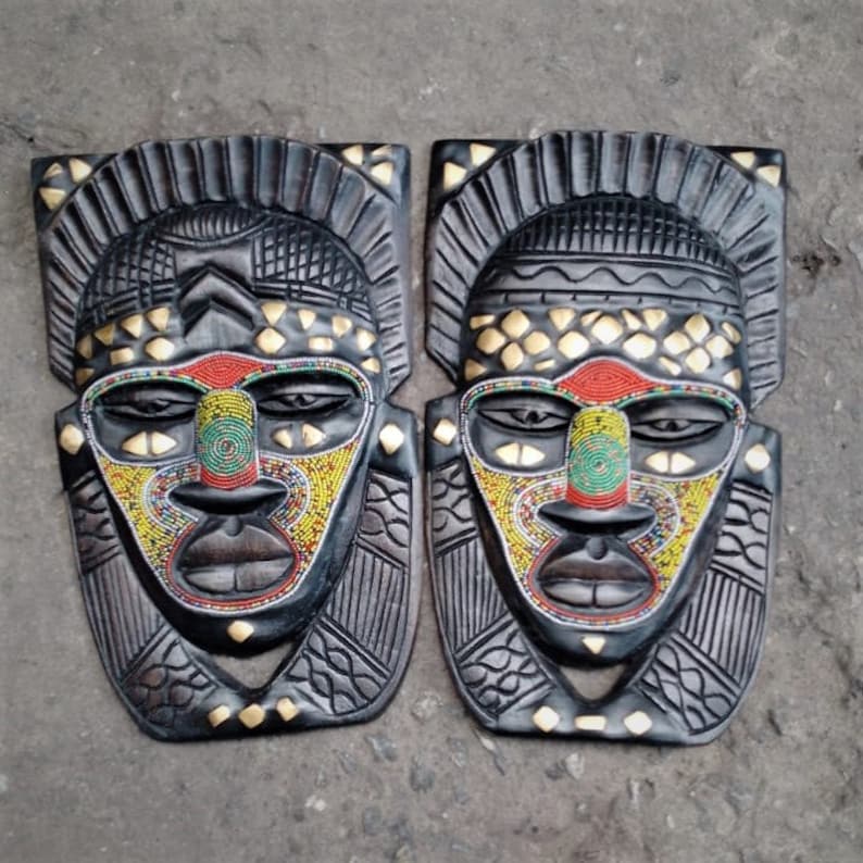 Authentic Beads African Mask Sculpture for Wall African Wall Art Wall Decor Wooden African Art