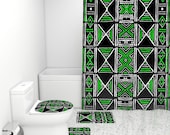 Green Mud Cloth Boho Shower Curtains and Rugs Bathrooms Sets