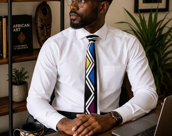 Ndebele African Print Tie for Men | Afrocentric Silk Necktie | African Wedding Tie | Cultural Gift for Him | Mud Cloth Style