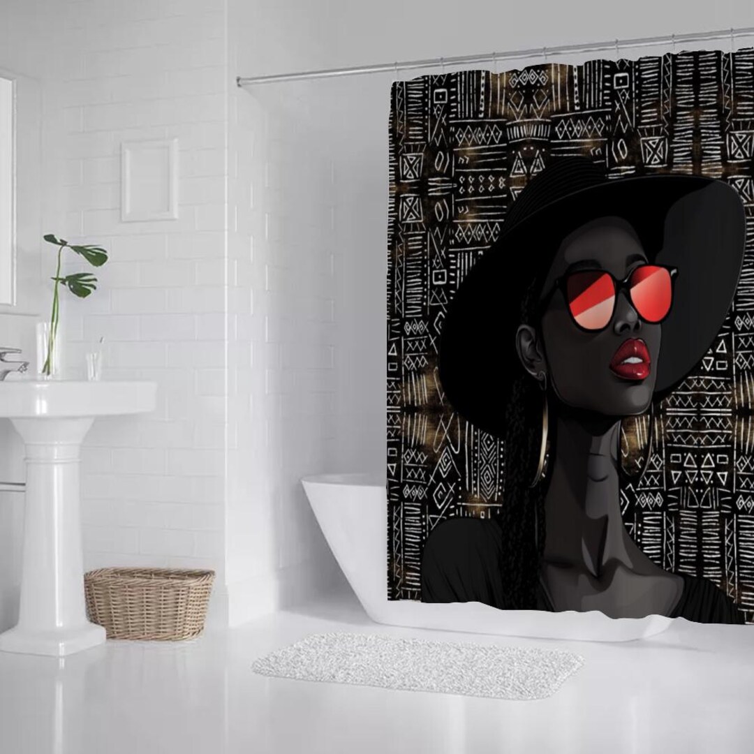 Afrocentric Mud Cloth Shower Curtain | Black Woman Art With Hat & Red ...