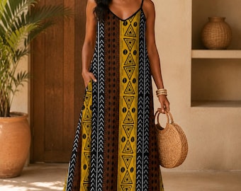 Mud Cloth Print Sleeveless Slip Dress with Pockets | Loose Fit African Dress | Boho Summer Dress | Ethnic Fashion | Handmade African Outfit
