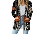 Mud Cloth Kimono Robe | Long-Sleeved African Print Cardigan | Boho Jacket with Pockets | Stretchy Lightweight Coat | Fall Layering Jacket