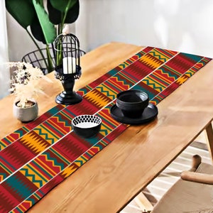 Red Kente African Print Home Decor Table Runner with Tassel Table Mat