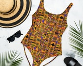 Kente African print One-Piece Swimsuit, African Print Open Back Swimwear, African swimsuit