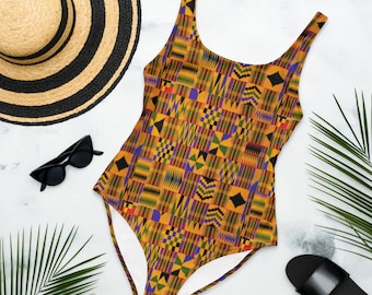 Kente African Print One Piece Swimsuit | Open Back Swimwear | Afrocentric Bathing Suit | Ghana Beachwear Swimwear for Women