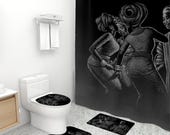 African Tribal Art Boho Black Shower Curtains and Rugs Bathrooms Sets